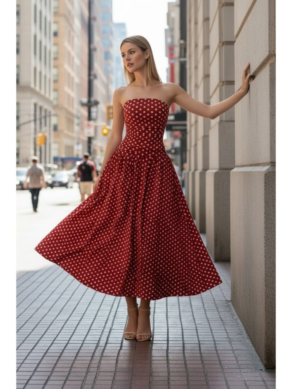 Retro Polka Dot Bandeau Strapless Ruched Drop Waist Fit & Flare Maxi Dress